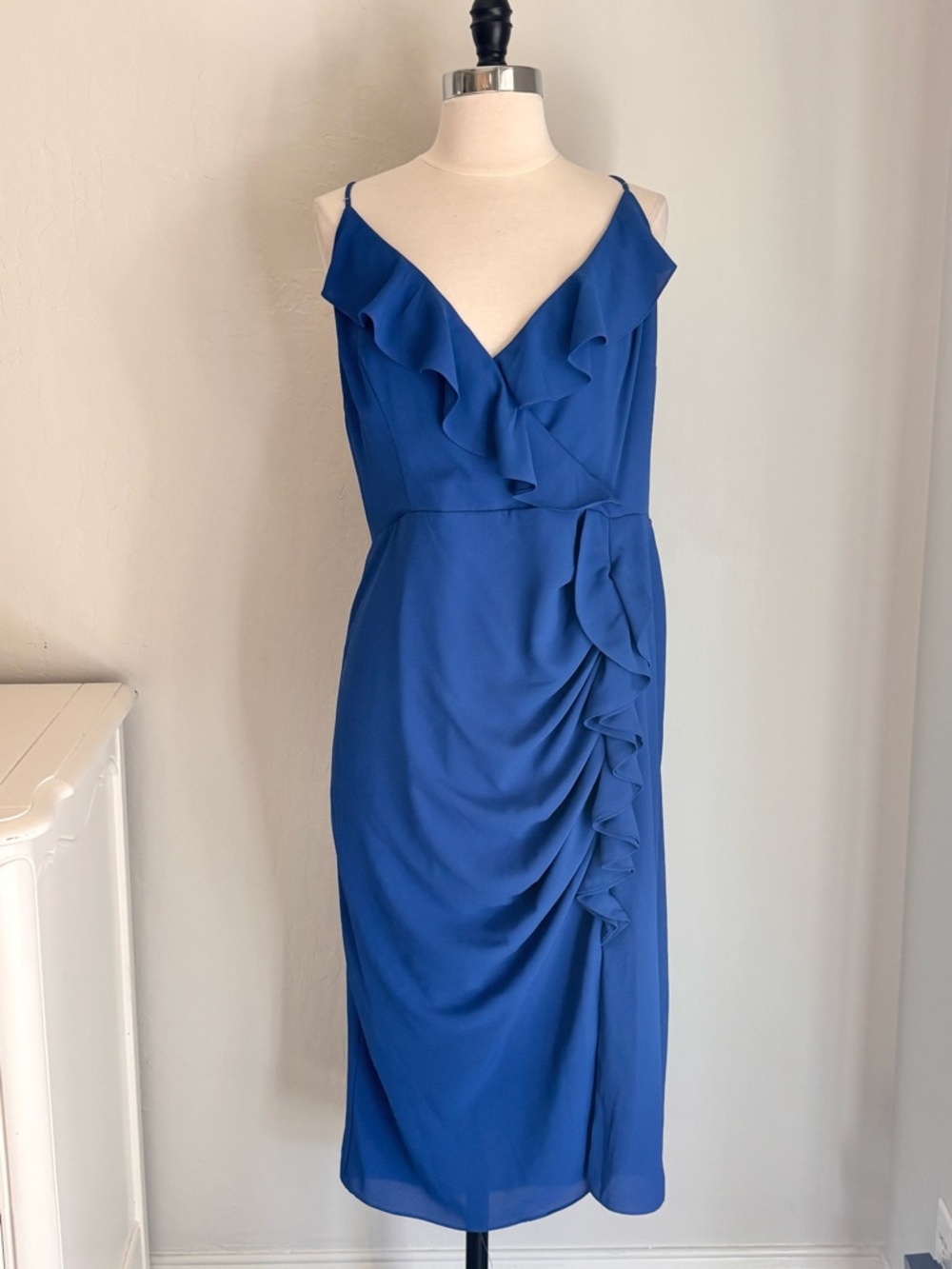 Cooper St Draped Ruffle Midi Dress in Cobalt Blue, Size 12